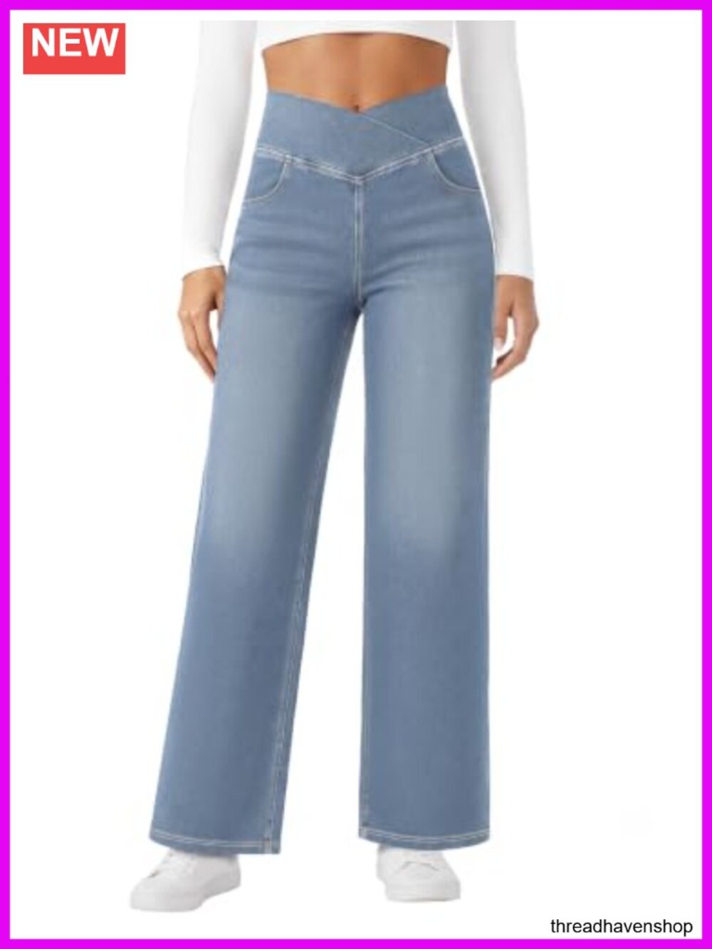 FireSwan Women's Wide Leg Jeans Crossover High Waist Stretchy Denim Pants 4